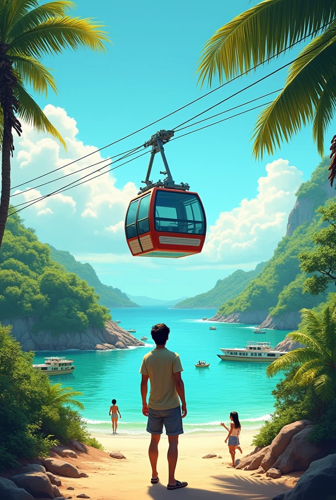 Create photo of customer going on 4 island tour, Hon Thom cable car in Phu Quoc island