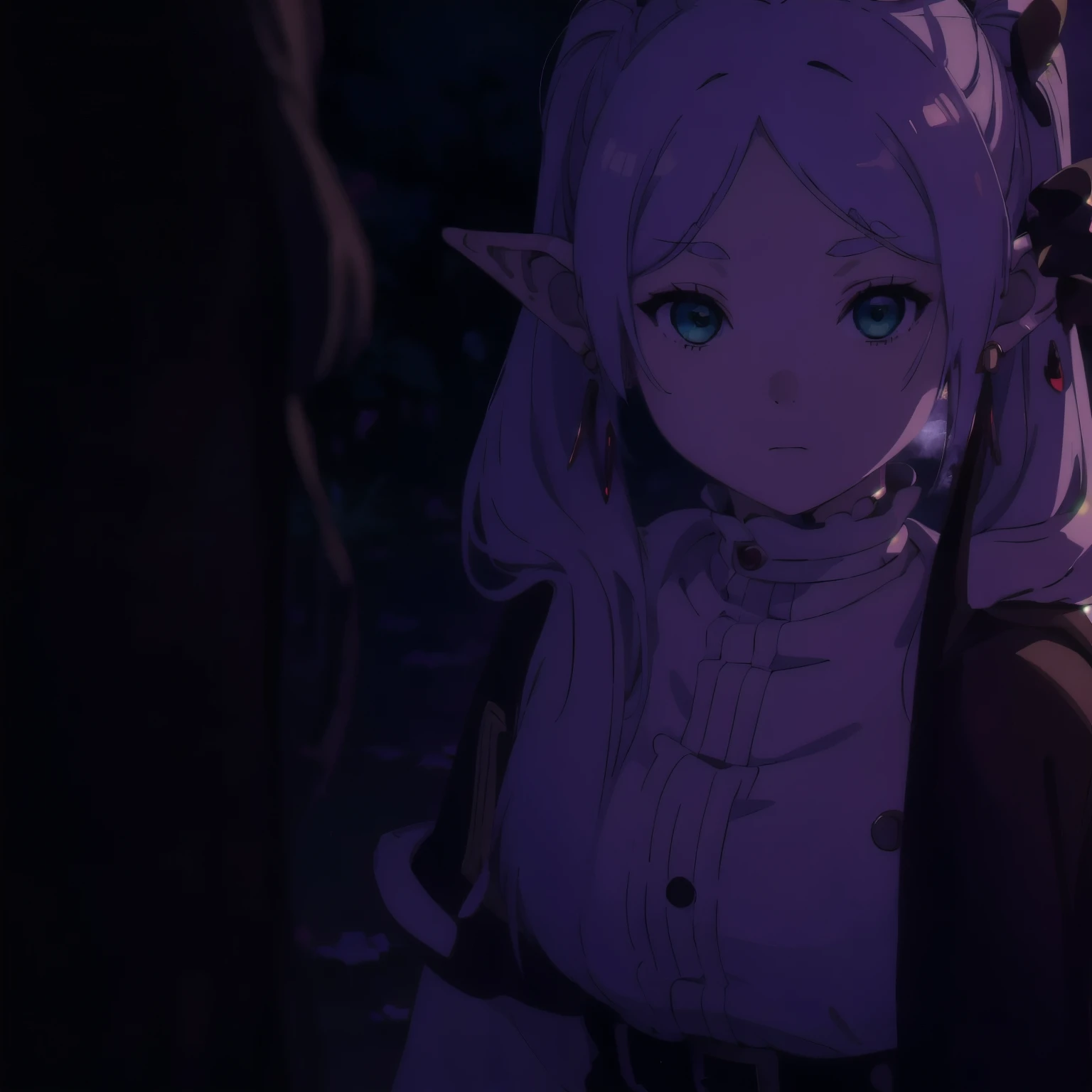 1girl, Frieren, (masterpiece:1.3), completely in the frame, sexy, (high resolution), (extremely detailed),perfect face, nice eyes and face, (best quality), (super detailed), detailed face and eyes, (solo), textured skin, absurdres, highres, wz_sousou_no_frieren_style, wz_sousou_no_frieren_style, twintails, very long hair, silver hair, pointy ears, elf, green eyes, earrings, belt, white sleeves, pov, selfie, butterfly, grass, stone street