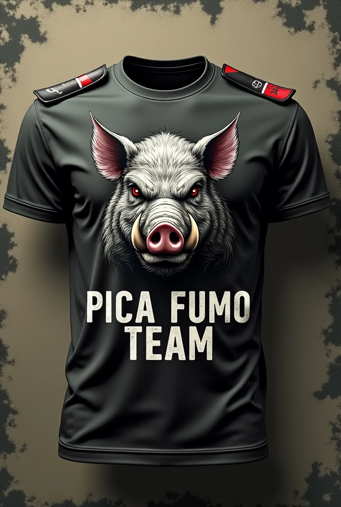 CREATE A MILITARY TEMPLATE SHIRT WITH A SCARY PIG LOGO WRITTEN ON IT "PICA FUMO TEAM "





