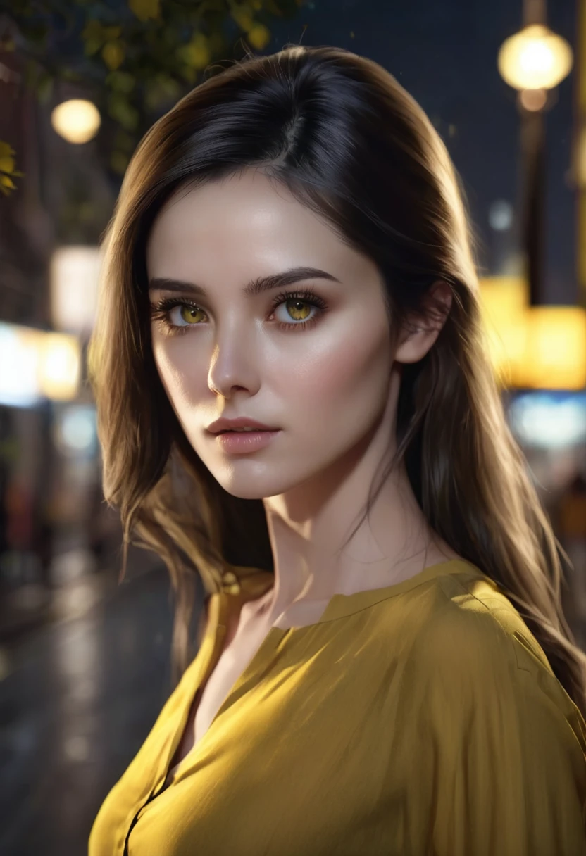 1 woman, inside a city at night, wearing a moss green blouse, feminine yellow eyes, dark black and detailed skin, long red gelled hair, medium length, dramatic lighting, cinematic composition, dark palette, dark colors, atmospheric haze, thin chin, soft face, serious face, beautiful woman, adult woman, ultra realistic, adult woman, (best quality, 4K, 8K, high resolution, art: 1.2), ultra detailed (realistic, photorealistic, photorealistic: 1.37)
