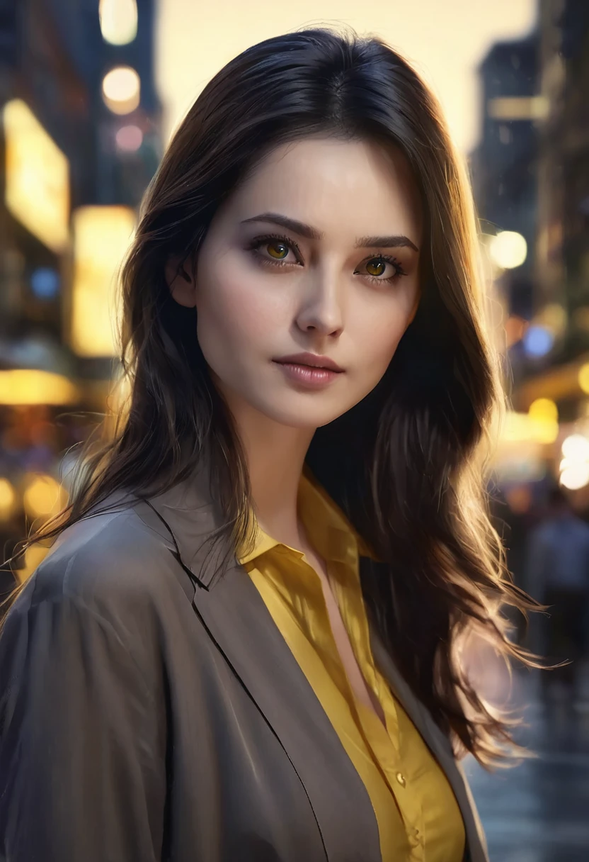 1 woman, inside a city at night, wearing a modest dark yellow blouse, feminine gray eyes, detailed fair skin, , very long straight dark brown hair, , dramatic lighting, cinematic composition, , dark palette, dark colors, atmospheric haze, thin chin, soft face, serious face, beautiful woman, , ultra realistic, (best quality, 4K, 8K, high resolution, art: 1.2), ultra detailed (realistic, photorealistic, photorealistic: 1.37)