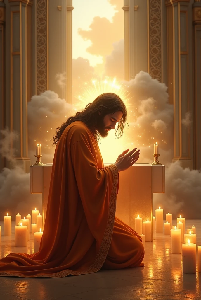 (photorealism:1.2), Crying handsomeJesus Christ, kneel praying under the altar of the priest that full of clouds and sorrounded of many candles, wearing orange king clothes with light in his head and heart spreading all over, perfect five finger, long beautiful hair, indoors, high lighting, clouds in background, beautiful light, perfect church and clouds, relaxed pose, realistic, intricate details, warm colors,