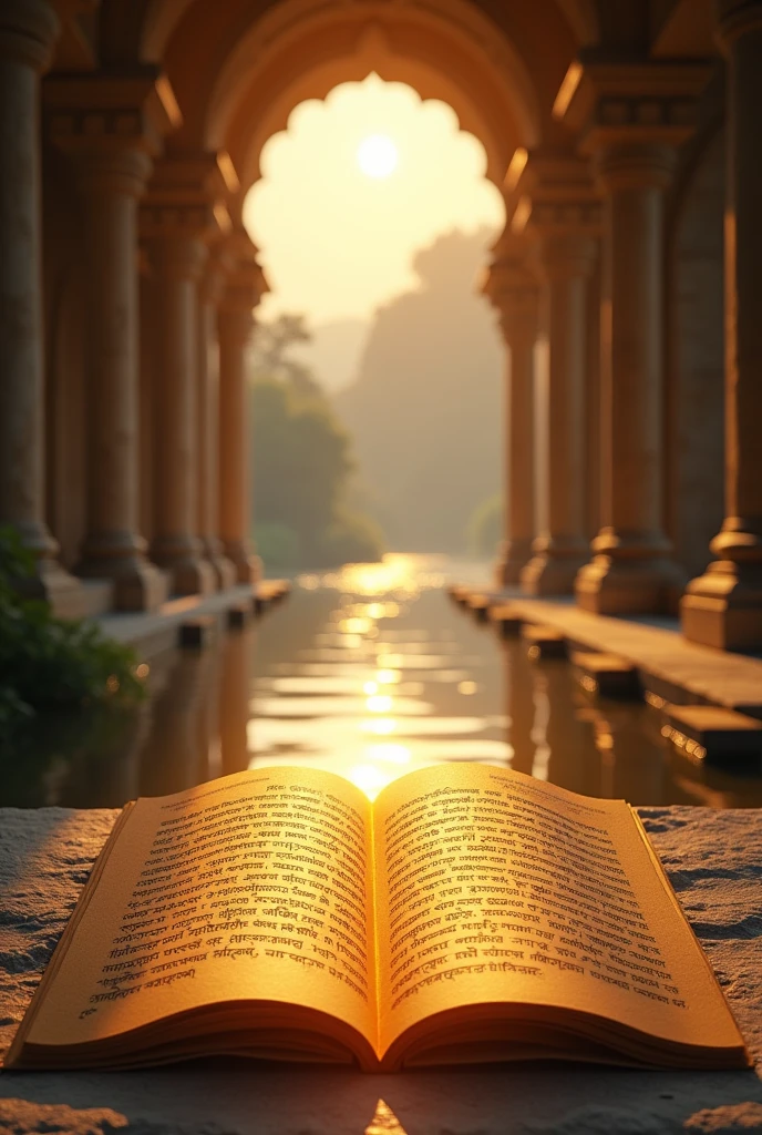 A serene, ancient temple with an open scroll at its entrance. The scroll has Sanskrit shlokas glowing softly, as rays of golden sunlight filter through the temple columns. The background features a calm river flowing, symbolizing the timeless flow of knowledge. The setting is peaceful, inviting viewers to connect with the spiritual essence of the shlokas.This visual would beautifully capture the essence of "Shlokalekha," blending ancient wisdom with a serene, natural setting.