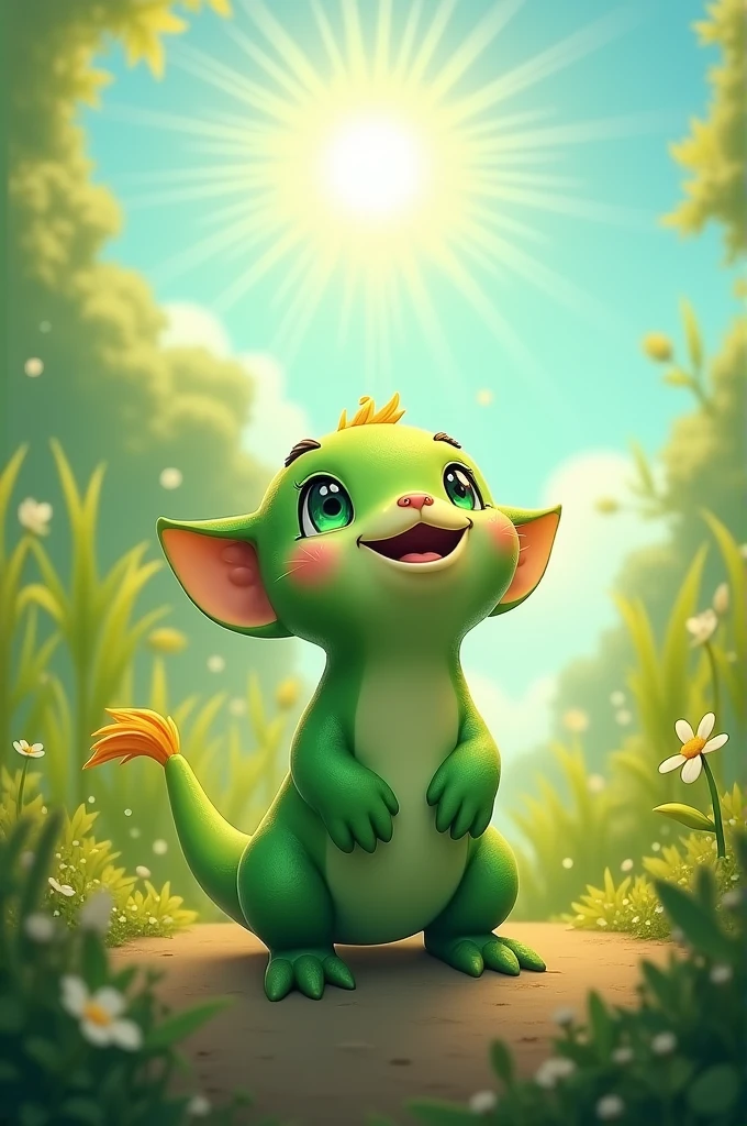 A little green one smiles at the bright sunlight.