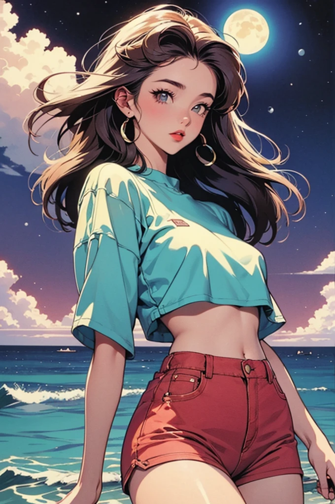 woman, 90's, retro, crop top,graphical design, 
1990s fashion、Animation illustrations from the 1990s、Looking forward、front、Watching the audience、、Ocean、night、Posing