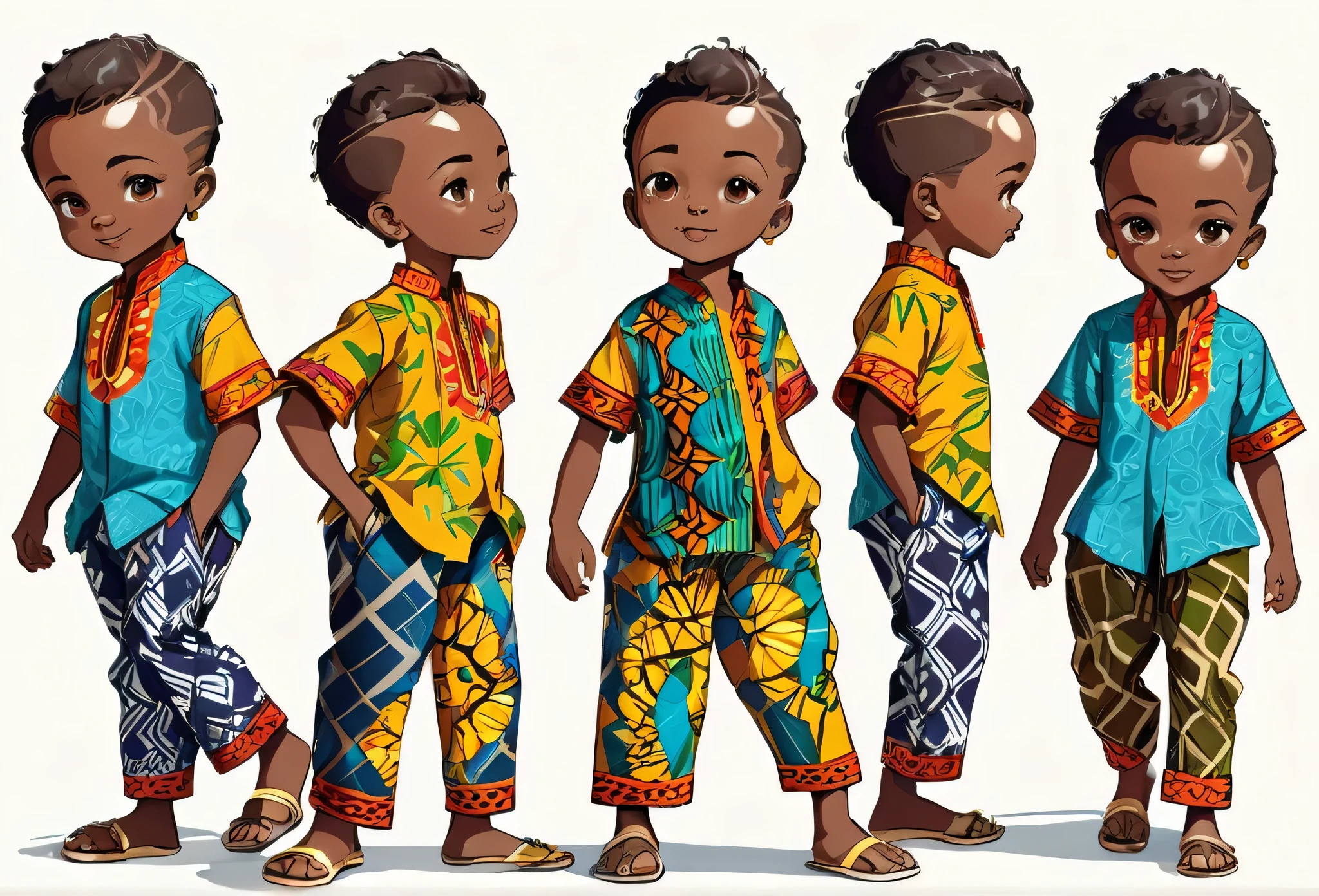 boy wearing Ankara shirt and pants, walking, stretching put one of his hands (character design sheet) same character front, side, back
African (masterpiece best quality:1.2) delicate illustration ultra-detailed, illustrations, bright, colourful,