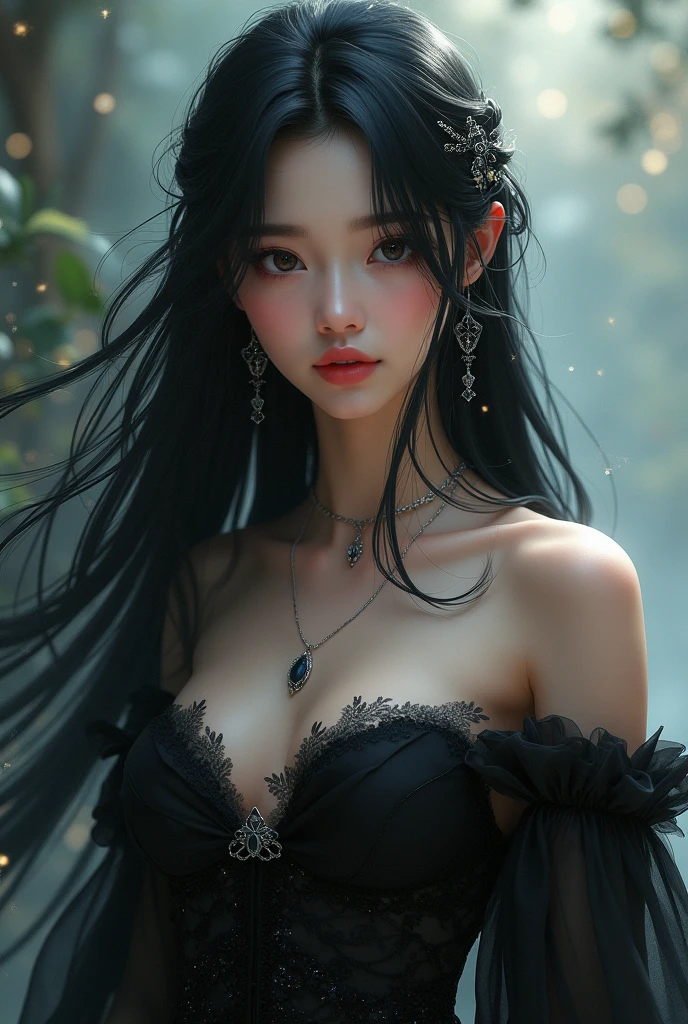 Ultra-high resolution, Clear face, （Reality： 1.4）, perfect lighting,(photorealistic), anime wallpaper, Guviz style artwork, fantasy to magic cover, beautiful artwork illustration, beautiful digital artwork, beautiful digital illustration , beautiful portraits, illustrations, delicate and beautiful, highly detailed, fine details, official art, highly detailed unity 8k CG wallpapers, highly detailed, high resolution, highly detailed, highly detailed eyes and faces, beautifully detailed eyes, cinematic lighting,1girl, solo, long hair, black hair, hair ornament, black dress,absudres, standing, (full body:1.3), (looking at viwer:1.3), (anime style:1.3),