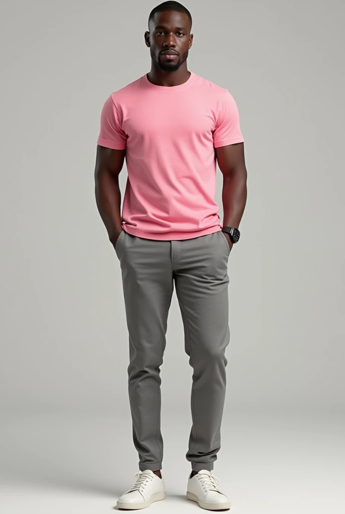 Create the image of a man , stark, wearing gray tailored pants, a pink t-shirt and a shoe that matches the style and a watch that matches the style 