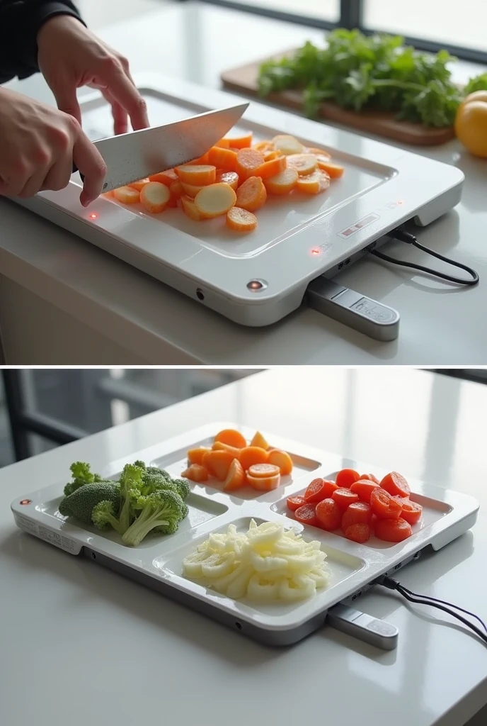 Make a electric chopping board with built in slicer and peeldr and sorting storage of done peel and sliced