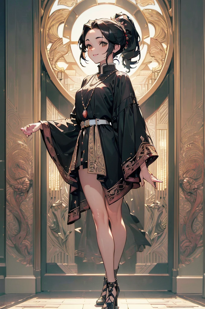 ((((High resolution, Intricate details, masterpiece, 8k)))), (((beautiful, Art Deco))), ((One Woman, full body, Are standing)), (Black Hair, Long Hair, ponytail, slender), from front, looking at viewer, look at viewer, Red cheeks, smile, In town, noon, bright,