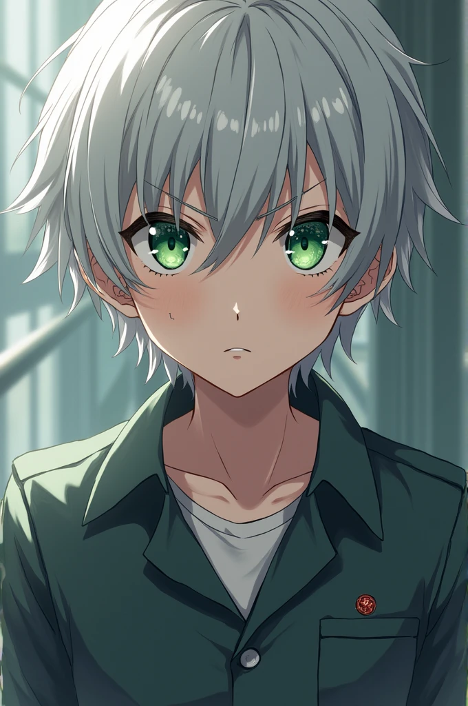 Photo 1 male anime character with silver hair reaching to the eyebrows, green eyes, regular uniform, injured with timing skills