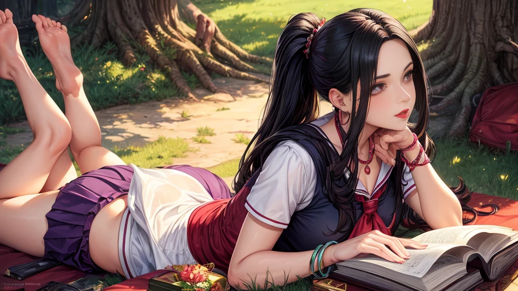 Under the warmth of a sunny tree's shade, a stunning mature woman was lying on her stomach on the lush green grass, book open in front of her. Her long black hair cascades down, partially obscuring the pages as she reads, exposing most of her chest adorned with a beautiful necklace and bracelets. Her red phoenix eyes sparkle, paired with bold red lips and subtle purple eyeshadow. The camera captures her provocative pose, raising her buttocks and slender legs to reveal her white jade-like toes and soles, adorned with a gemstone necklace. Her pleated blue skirt falls around her thighs, showcasing her school uniform-inspired attire, complete with a sailor collar and short sleeves. The background is blurred, focusing attention on the woman's striking features and provocative pose.three mature woman,A double ponytail,A mature female hairstyle,