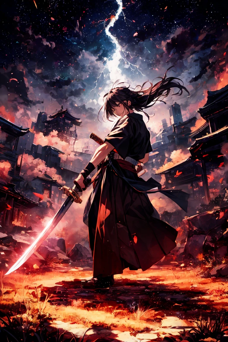 Mufune Toshiro, Toshiro Mifune, Japanese samurai, 55yo, upper body, dynamic, fighting stance, holding katana sword, grass field, rain, Temple, Japanese Temple, thunder, black cloud, black theme, dark theme background, 
BREAK,
Close-up of face, fighting scene, looking the viewer, (Duel scene:1.5), (Holding a sword:1.5), (trying to keep up the pace:1.5), (Just before being attacked:1.5), dynamic angle, movie scene, 
BREAK,
wearing a black japanese clothes, black dogi, black hakama, detailed clothes,A boy who is 10 years old controlling plasma magic energy and radiating a mystical aura. His hair is white and his eyes are like red ruby. He is smiling. In the background there is a crack in space from where energy is overflowing. Wearing clothes of nobles.pink lightning must be there as special effects. 
