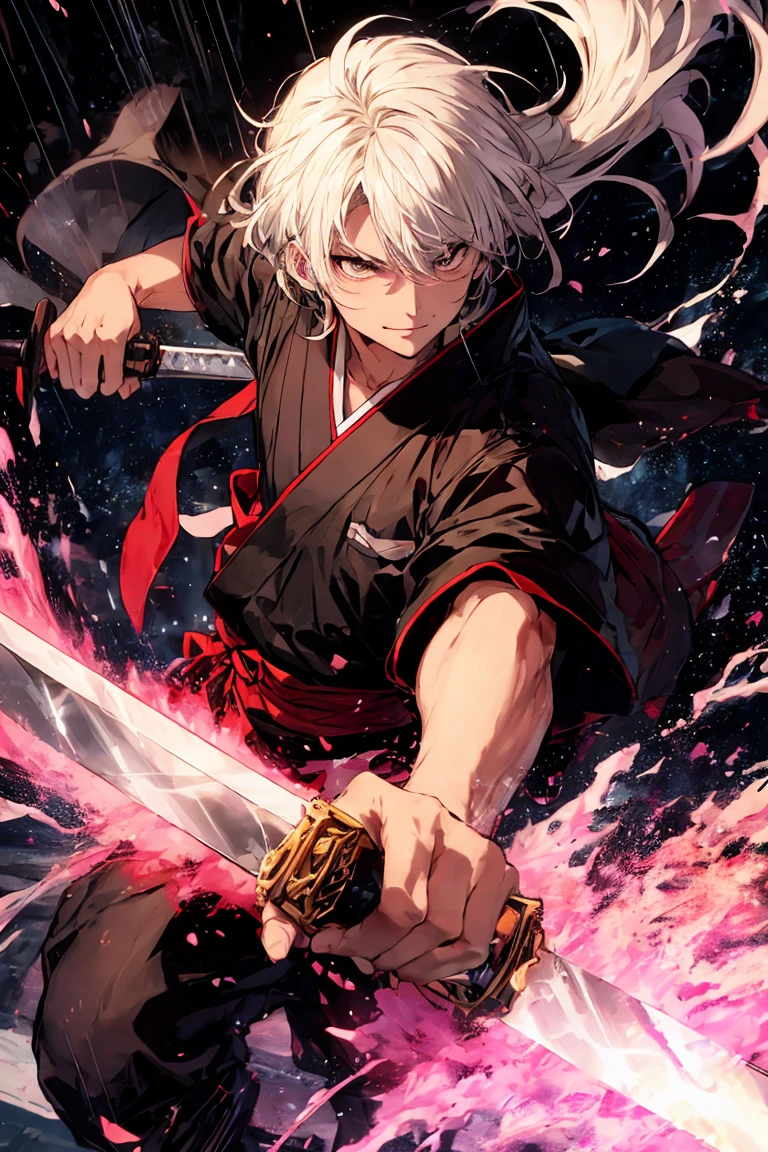 Mufune Toshiro, Toshiro Mifune, Japanese samurai, 55yo, upper body, dynamic, fighting stance, holding katana sword, grass field, rain, Temple, Japanese Temple, thunder, black cloud, black theme, dark theme background,
BREAK,
Close-up of face, fighting scene, looking the viewer, (Duel scene:1.5), (Holding a sword:1.5), (trying to keep up the pace:1.5), (Just before being attacked:1.5), dynamic angle, movie scene,
BREAK,
wearing a black japanese clothes, black dogi, black hakama, detailed clothes,A boy who is 10 years old controlling plasma magic energy and radiating a mystical aura. His hair is white and his eyes are like red ruby. He is smiling. In the background there is a crack in space from where energy is overflowing. Wearing clothes of nobles.pink lightning must be there as special effects.