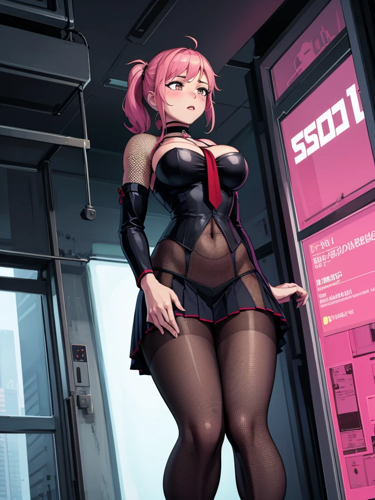 score_9, score_8_up, score_7_up, 32k, 1girl, solo, fishnet stockings, pleated skirt, in skyscraper, futuristic interior, choker, tight body, bare breasts, looking down, blush