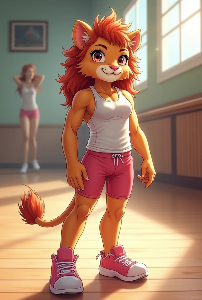 (by zackary911, by darkgem, by wyntersun, by boosterpang), solo focus, solo, 1boy, male, lion boy, cute, girly, femboy, twink, short boy, looking at viewer, smiling, happy, athletic figure, (hyper hips:1.3), (huge bulge), bulgeJ8, penis outline, large balls, long hair, detailed eyes, lust, masterpiece, best quality, lycra shorts, white tank top, nipple outline, pink sneakers, standing upright, photorealistic, hyperrealistic, ultradetailed, detailed background, photo background, digital drawing (artwork), girly, (aerobics class), indoors, looking at viewer, stretching, (tail),