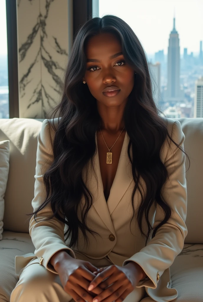 hyper realistic portrait of skai Jackson, 19 years old, with long flowing black hair and brown eyes. She should have a natural, approachable expression and be lit by soft, real light, canon eos r5, raw format, sitting on a modern sofa in a modern marble mansion, background is a detailed and luxurious living room, full body, panoramic window view of the New York skyline, wearing acne studios