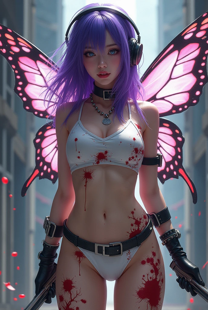 Korean purple hair butterfly woman with headphone dressed as killer with fake blood and butterfly wings with knives short outfit white outfit full of blood