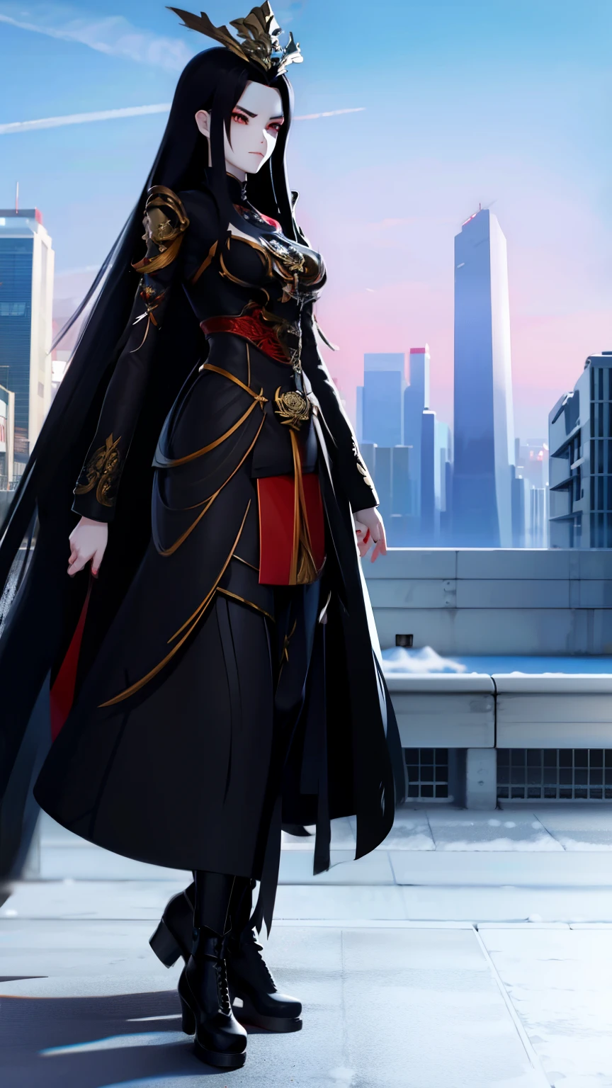 A anime woman in korean black long coat,long black hair,dark red mafler in modern world walking on the street in snow