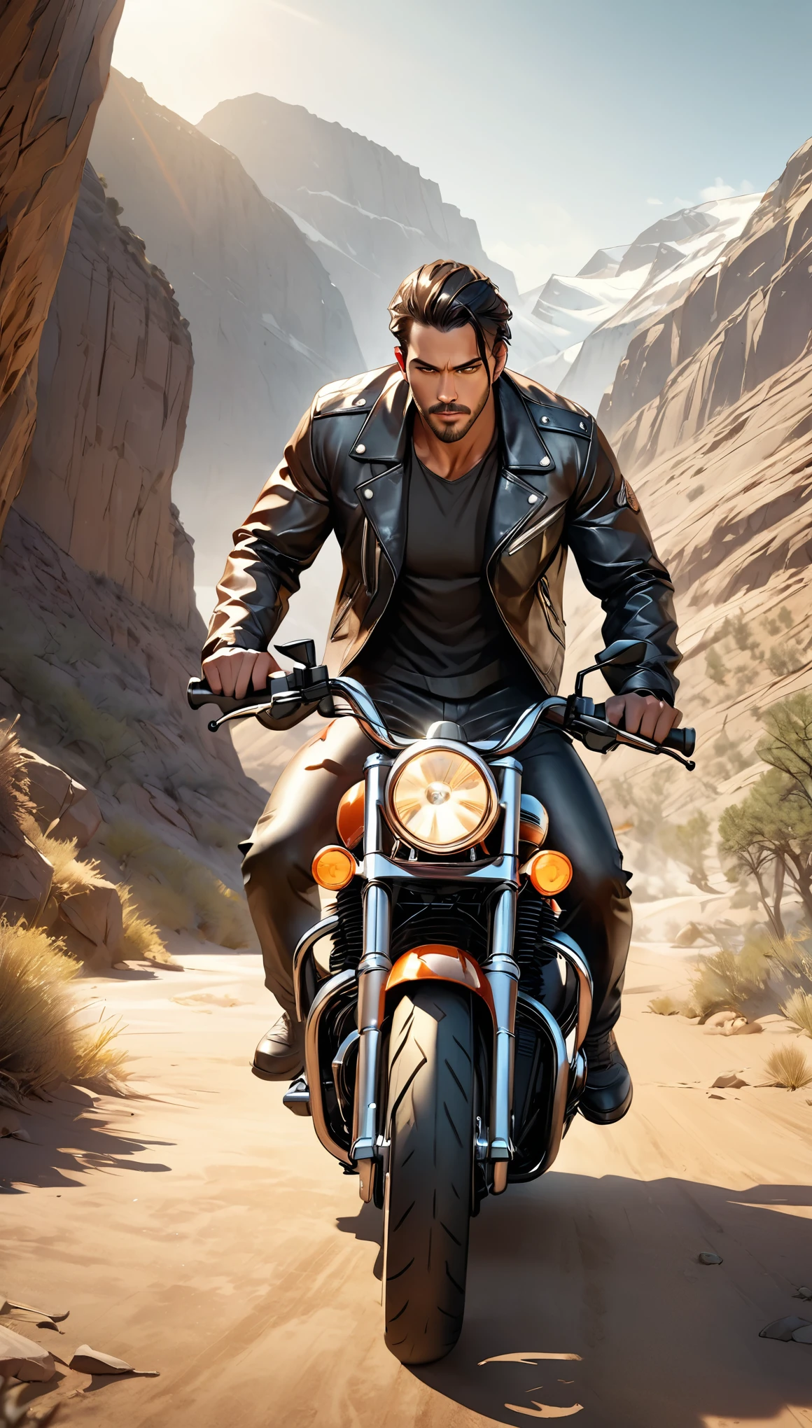 Harley-Davidson Motorcycles、nice guy、Man wearing a black leather jacket、Intricate details、Photorealistic、8k、High resolution、Super detailed、Real、Sharp Focus、Cinematic lighting、Dramatic atmosphere、Rugged and masculine、Intense gaze、Confident pose、Background for running in the wilderness、Warm colors、Dramatic Shadows、Hyperrealistic、masterpiece、 Award-winning
