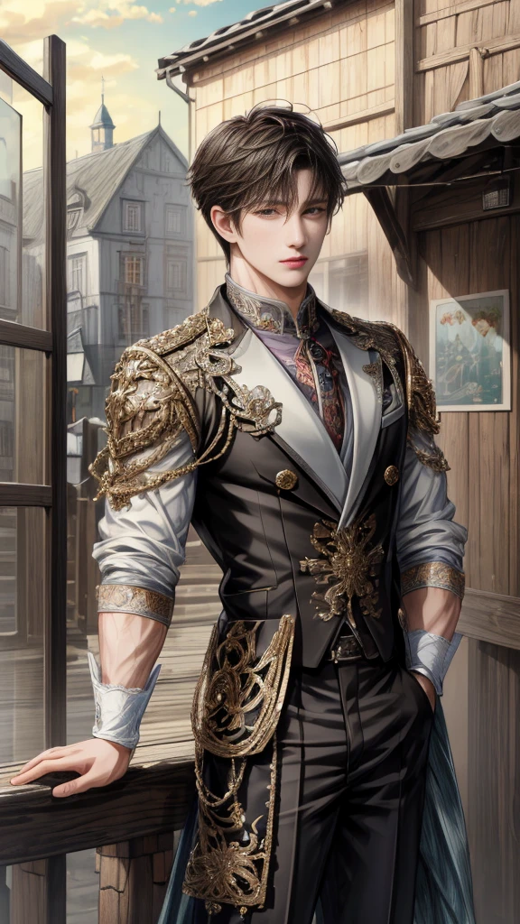 (absurdres, highres, ultra detailed, HDR), masterpiece, intricate, best quality, portrait of a character from Ikemen Shoujo Manga, a male idol in a detailed scenery town background