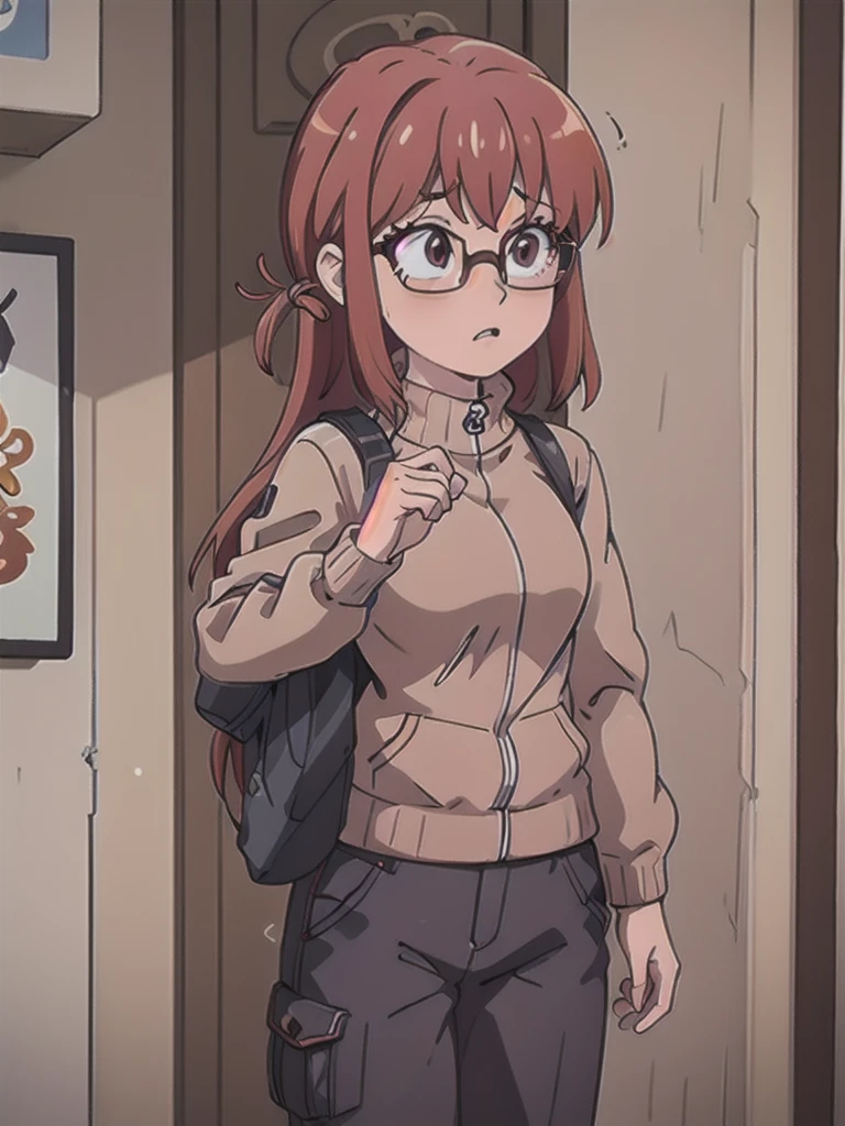 a girl with dark reddish-brown hair ,glasses, sweater, zipper jacket, pants,