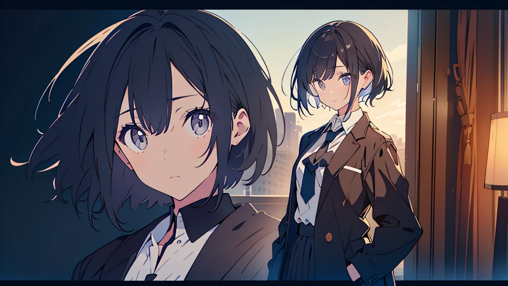 masterpiece,full body, 1girl ,black hair, short hair,straight hair,hair pulled back, black jacket, school uniform,uniform tie, finely detailed eyes and detailed face, simple background ,time is night。 at a fairly far distance, hands in pockets