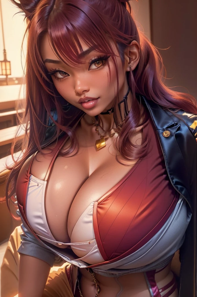 leaning forward, young japanese sexywoman, crimson wavy hairs with side bang, long high ponytail, ornate (black and yellow blazer:1) with no shirt under it, ((huge chest)), tiny waist, small hips, ((open deep laced ((v-cleavage)))), ((tanned skin)), tan, long necklace between breasts, ((blue sultry eyes)), small seductive smile, full lower lip, red lips, oppai, fakebreasts