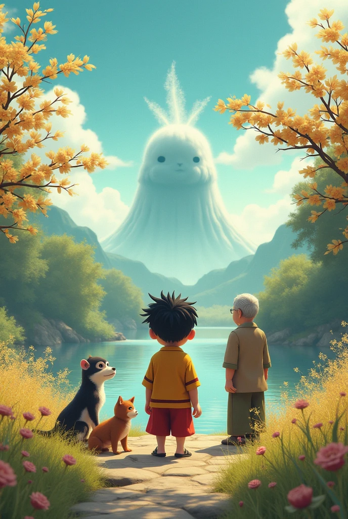 (8k, Highest quality, masterpiece: 1.2), Super detailed, Highest quality, Ultra-high resolution, Professional Lighting, Photon Mapping, Radio City, Physically Based Rendering, Cinema Lighting, Depth of written boundary, focus on, Light of the sun, Good composition, (Bokeh: 1.2), Momotaro、monkey、dog、pheasant、ghost、ghostヶ島、Millet dumplings、river、old man、Grandmother
