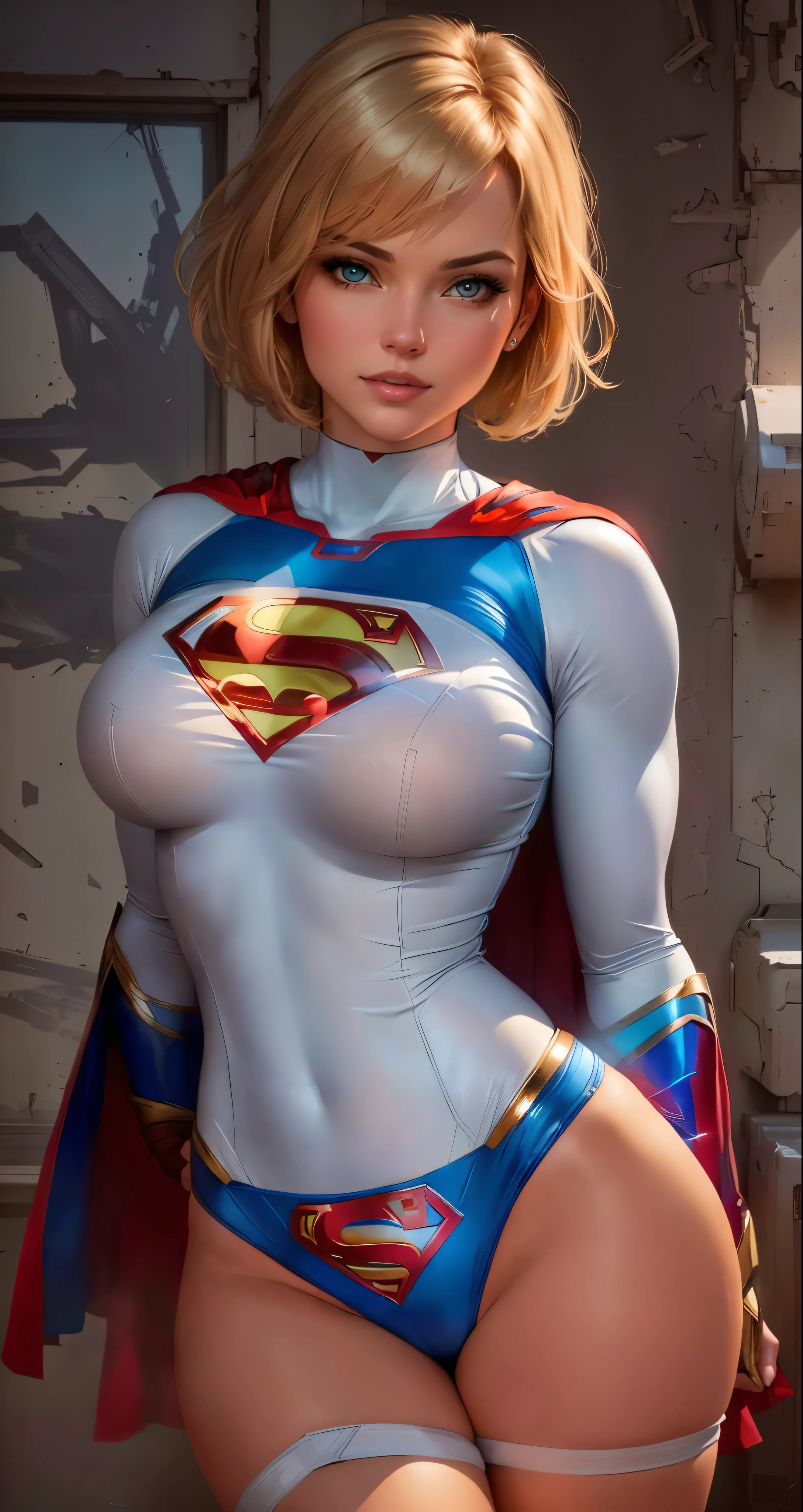 a close up of a woman in a superman costume posing, power girl, supergirl, extremely detailed artgerm, superhero body, super highly detailed, super detailed and realistic, artgerm julie bell beeple, trending artgerm, chris moore. artgerm, super photo realistic, ultra mega super hyper realistic, super-hero girl, beautiful comic art,different outfit on every pose