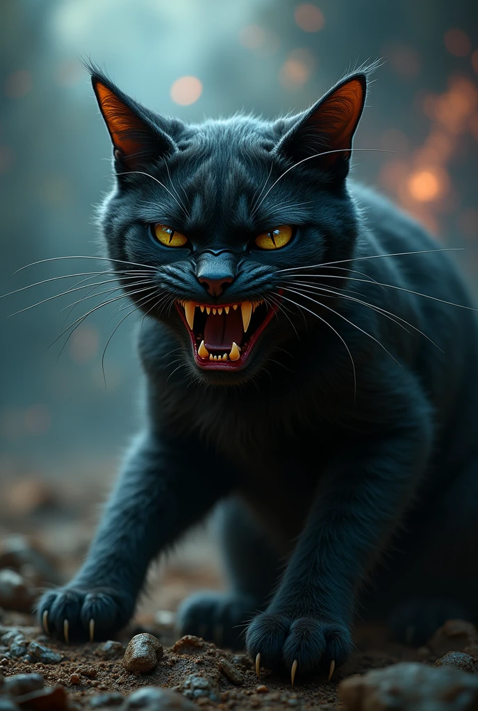 Haute qualité chat noir moche , pas beau , répugnant , ugly , ultra realiste arriere plan espace