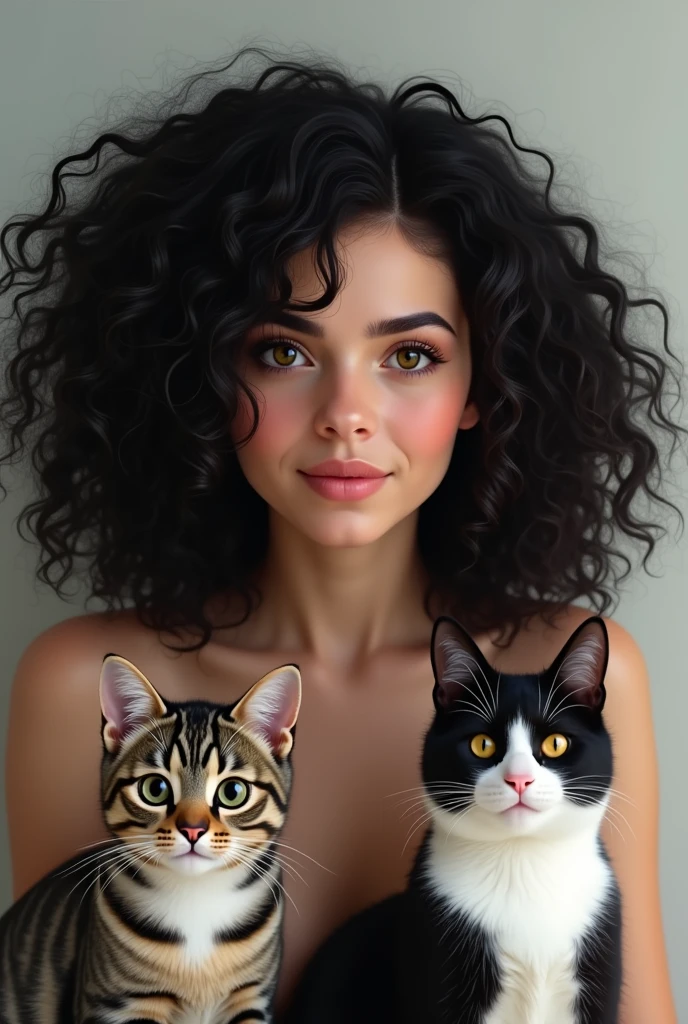 Create a drawing of a white woman with black curly hair and one with black curly hair with a striped cat and another black and white cat