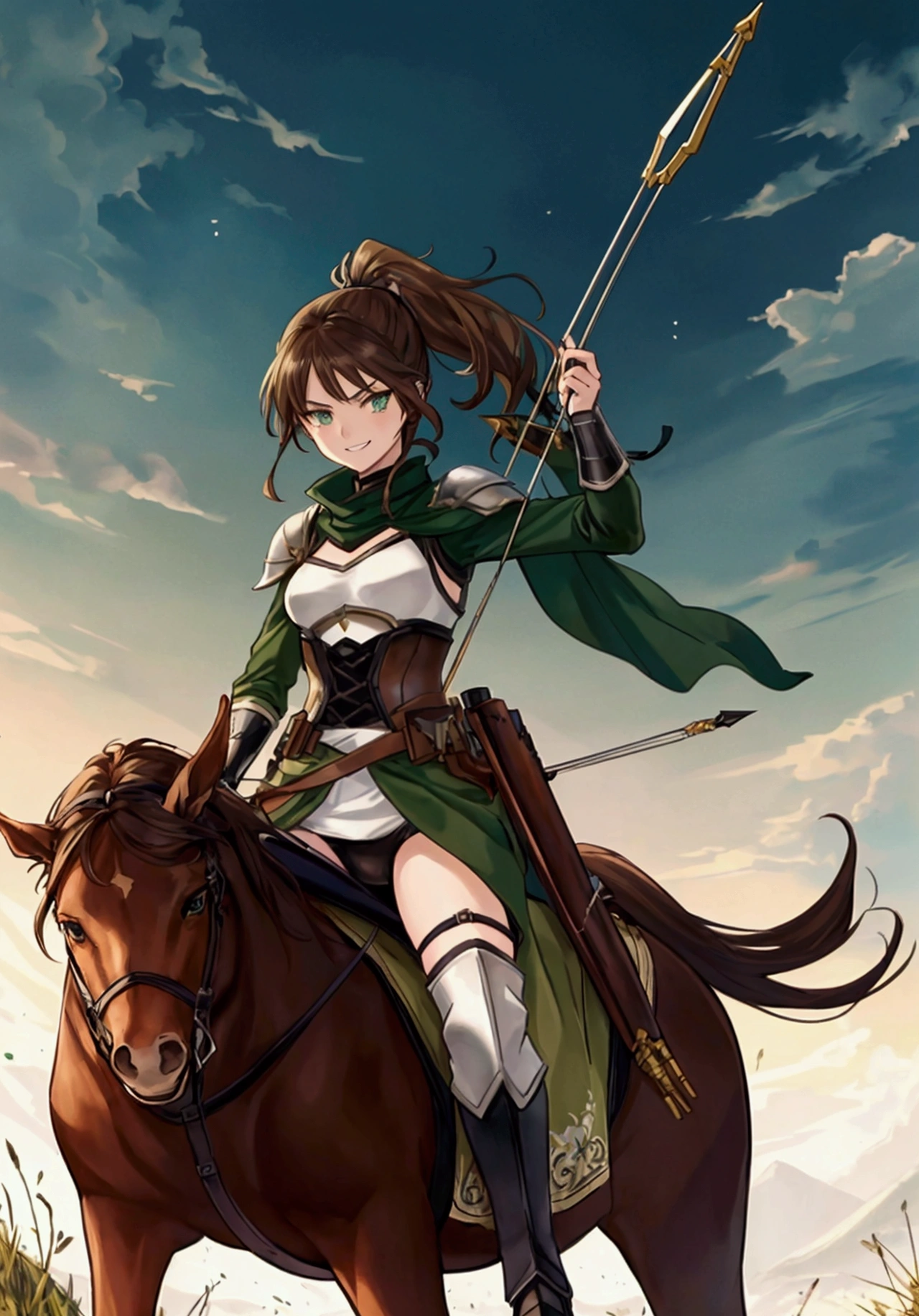 (Masterpiece), ((Highest Quality)),(Official Art),dynamic pose: 1.2),(1 solo anime character: 1.3). A fierce badass soldier woman with wavy brown hair in a low ponytail, green eyes, tanned skin, androgynous, and leather-armored uniform. Grinning happily, she rides a horse through a vast grassland with her crossbow and arrow quivers strapped on her back. Detailed picture. Detailed eyes. Detailed environment. Mature artstyle (no moe). Soft fairytale picture Arthur Rackham-style. Colorful, best detailed ((super detailed)), (highly detailed 2D anime illustration), ((fierce and beautiful))