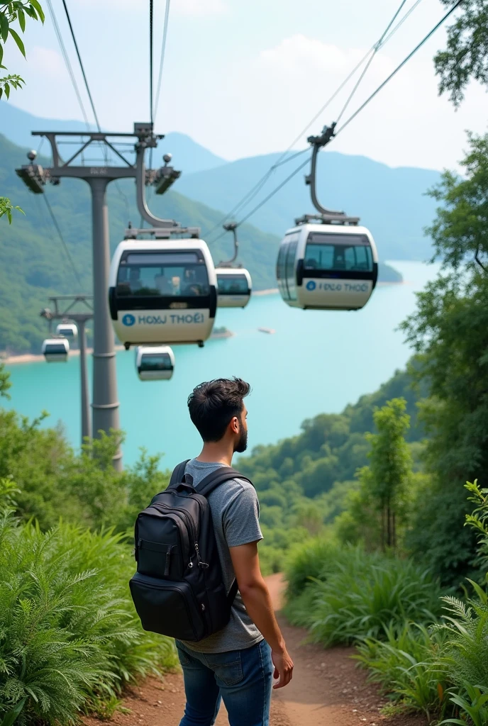 Create photo of customer going on 4 island tour, Hon Thom cable car in Phu Quoc island, not cartoon