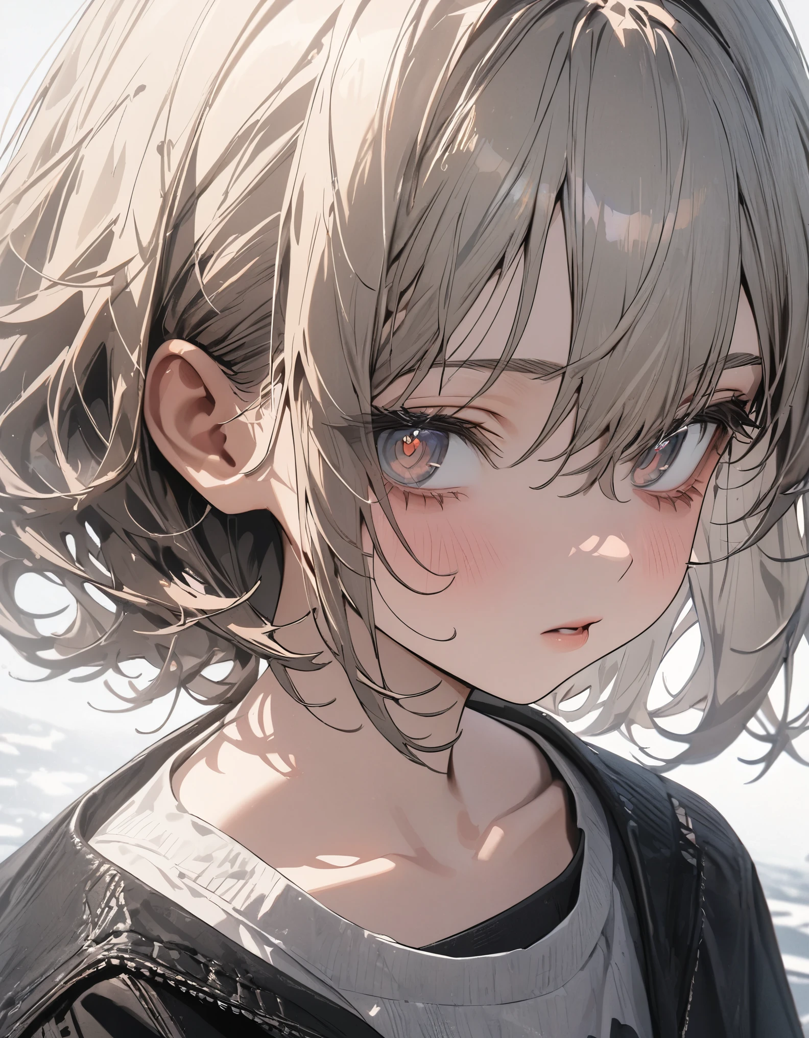 ((Masterpiece)), ((best quality)), ((wide shot)), profile, (super detail:1.2), (High Definition:1.3), ((extremely detailed)), (8K), (Professional Photography:1.2), (very aesthetic:1.2), (absurdres:1.2), (sharp focus), (perfect light), ((kawaii)), (drop shadow), ((1girl)), ((cute )), A woman with cold, lifeless eyes, staring blankly at the ground, (deep sorrow face), with no light reflecting in her pupils, The lack of light in their pupils emphasizes their inner turmoil and sense of hopelessness, Beautiful collarbone, (cute cheeks), glossy lips, pouty lips, bags under the eyes, (lower eyelashes), (detailed background:1.2), newest,clear line,Fantasy_eyes,