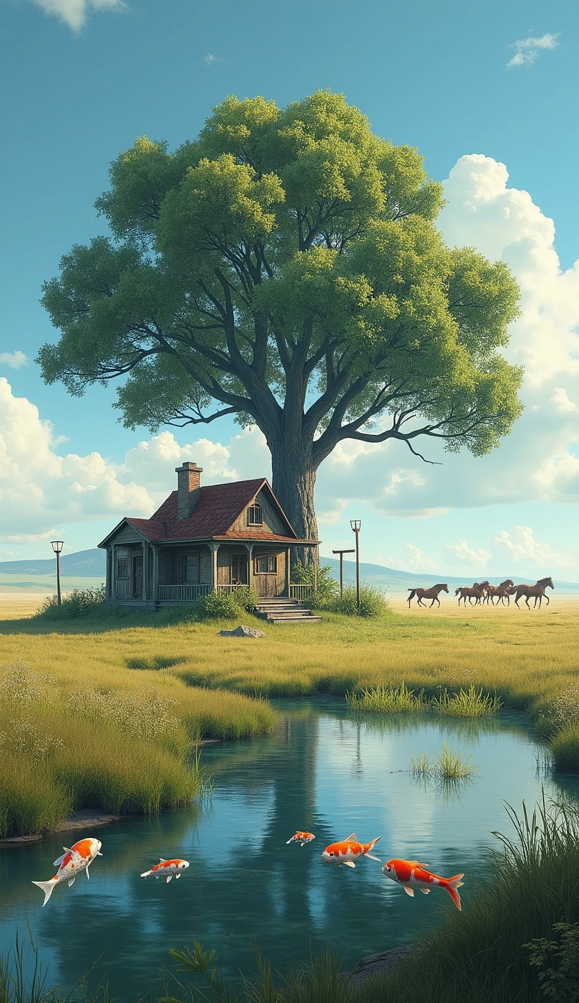 A small house is situated on a vast plain, next to a tall ancient tree whose branches overshadow the roof, beside it there is a pond with a school of Koi fish swimming inside, the vast sky has a few white clouds, and in the distance, there is an image of a herd of horses running very fast.