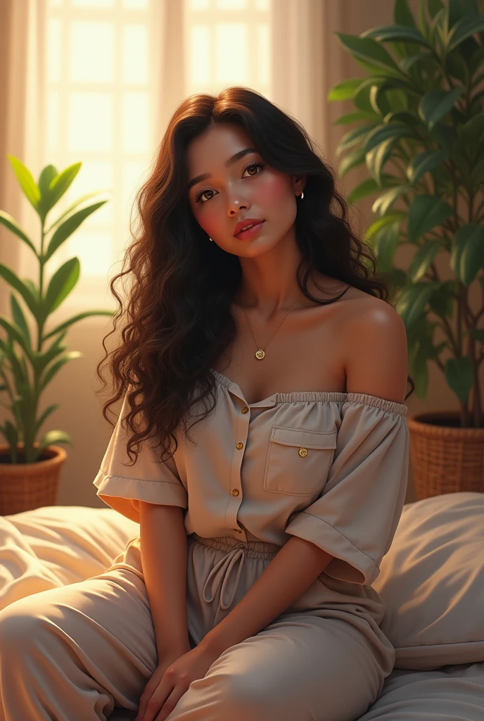 (photorealism:1.2), chubby beautiful malay woman, sitting on bed, wearing loose off-shoulder top, pajama pants, long curly hair, indoors, soft lighting, plants in background, window with sunlight, cozy room, relaxed pose, realistic, intricate details, warm colors, by Greg Rutkowski, by Alphonse Mucha