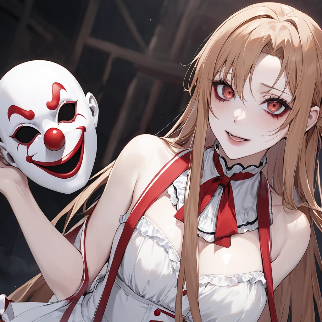 ((Highest quality)), ((masterpiece)), (detailed), (Perfect Face)、((The woman is Yuuki Asuna, with light brown, medium-long hair, pure white skin, and a creepy clown mask.))、Woman is a creepy and evil clown with makeup on her face and a red nose、The woman is a creepy, evil, lewd clown who is a minion of an evil organization.