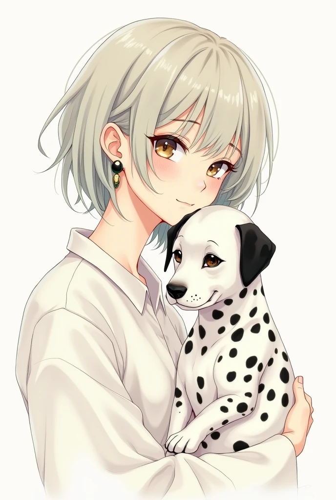 Illustration of a short-haired woman holding a Dalmatian dog with earrings and a black ring on her finger, white background, pencil drawing, pastel colors, Shirou Masamune style, retro, vintage aesthetic, very detailed. 8k,