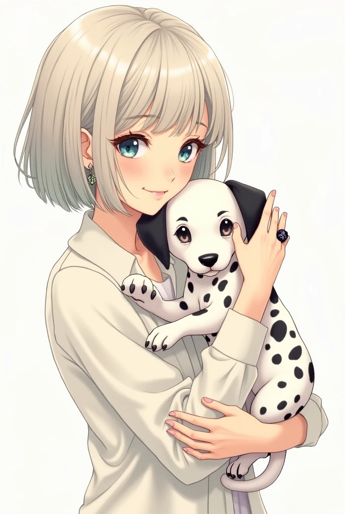 Illustration of a short-haired woman holding a Dalmatian dog with earrings and a black ring on her finger, white background, pencil drawing, pastel colors, Shirou Masamune style, retro, vintage aesthetic, very detailed. 8k,