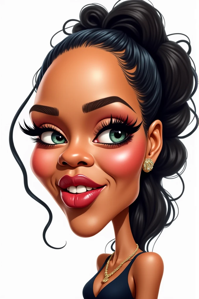 Caricature of Rihanna, large fore head, big full lips, white background