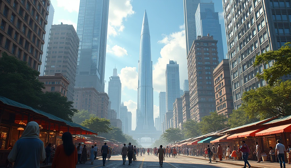 Create an image of an Indian city where there are a lot of huge buildings.