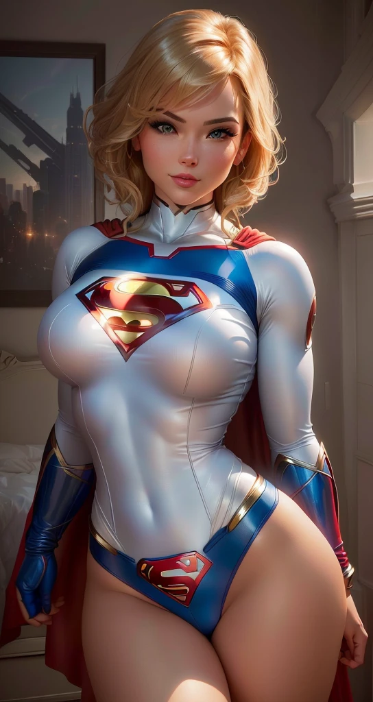 a close up of a woman in a superman costume posing, power girl, supergirl, extremely detailed artgerm, superhero body, super highly detailed, super detailed and realistic, artgerm julie bell beeple, trending artgerm, chris moore. artgerm, super photo realistic, ultra mega super hyper realistic, super-hero girl, beautiful comic art,different outfit on every pose,voluptuous 
