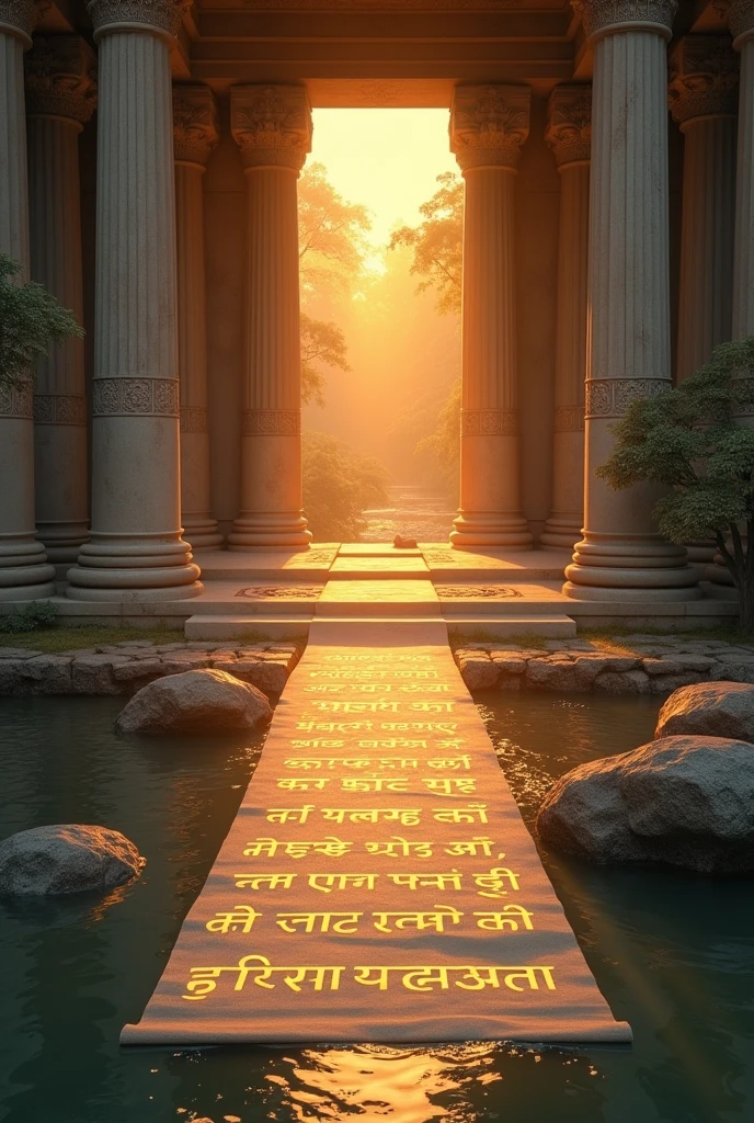 A serene, ancient temple with an open scroll at its entrance. The scroll has Sanskrit shlokas glowing softly, as rays of golden sunlight filter through the temple columns. The background features a calm river flowing, symbolizing the timeless flow of knowledge. The setting is peaceful, inviting viewers to connect with the spiritual essence of the shlokas.This visual would beautifully capture the essence of "Shlokalekha," blending ancient wisdom with a serene, natural setting.