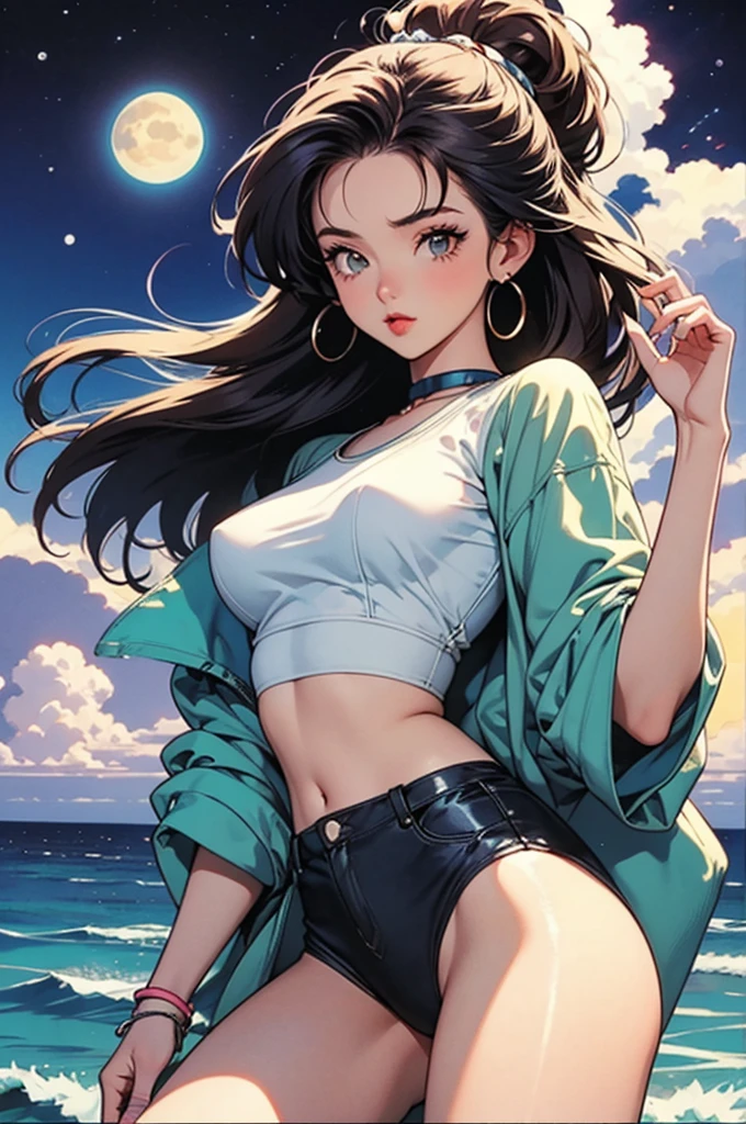 woman, 90's, retro, crop top,graphical design,
1990s fashion、Animation illustrations from the 1990s、Looking forward、front、Watching the audience、、Ocean、night、Posing、one piece
