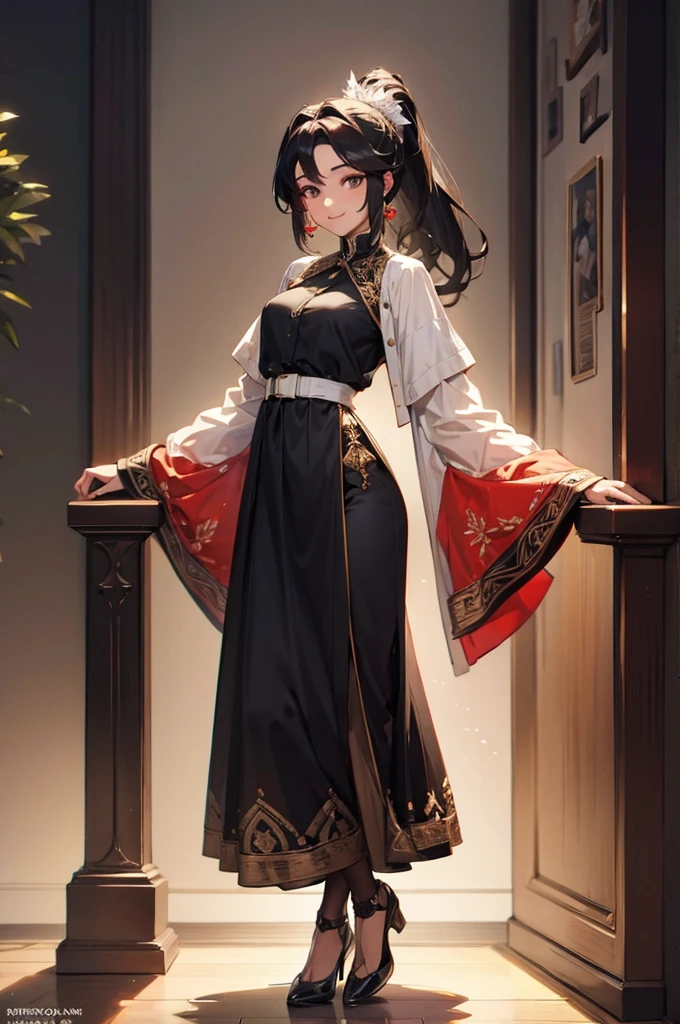 ((((High resolution, Intricate details, masterpiece, 8k)))), (((beautiful, Art Deco))), ((One Woman, full body, Are standing)), (Black Hair, Long Hair, ponytail, slender), from front, looking at viewer, look at viewer, Red cheeks, smile, indoor, noon, bright,