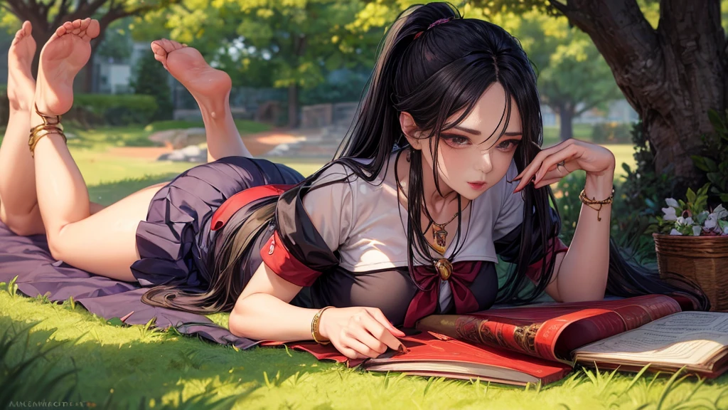Under the warmth of a sunny tree's shade, a stunning mature woman was lying on her stomach on the lush green grass, book open in front of her. Her long black hair cascades down, partially obscuring the pages as she reads, exposing most of her chest adorned with a beautiful necklace and bracelets. Her red phoenix eyes sparkle, paired with bold red lips and subtle purple eyeshadow. The camera captures her provocative pose, raising her buttocks and slender legs to reveal her white jade-like toes and soles, adorned with a gemstone necklace. Her pleated blue skirt falls around her thighs, showcasing her school uniform-inspired attire, complete with a sailor collar and short sleeves. The background is blurred, focusing attention on the woman's striking features and provocative pose.three mature woman,A double ponytail,A mature female hairstyle,