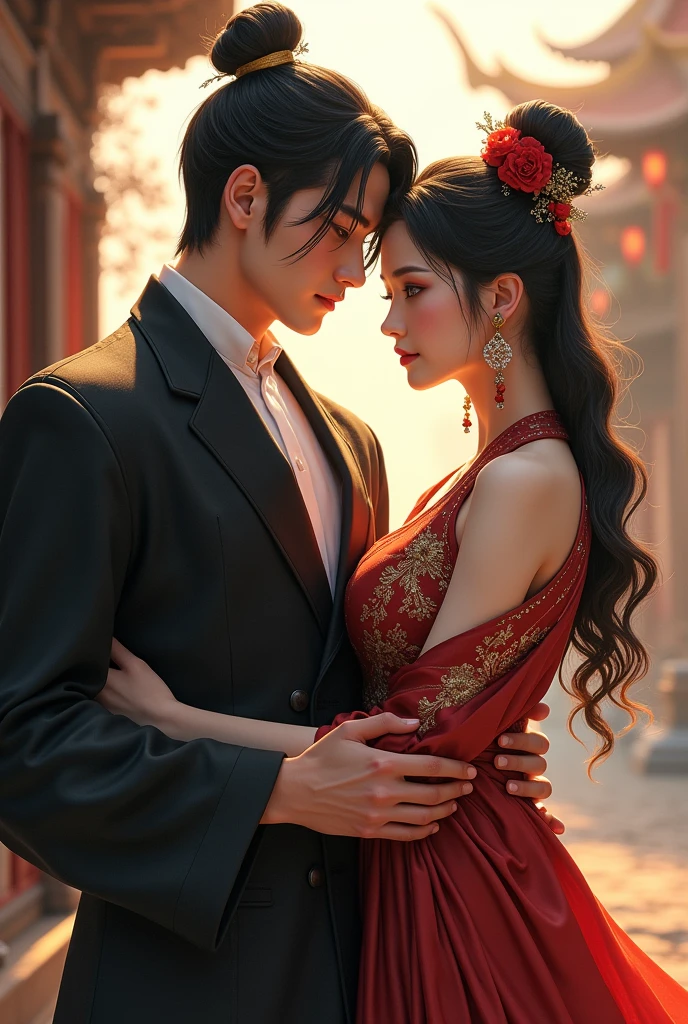 An ancient young couple. One young man is tall and muscular, likes to wear dark clothes. The other young man has a slim waist, is small, has fair skin, and has a cute face. Both of them wear Thai clothes from the reign of King Rama V.