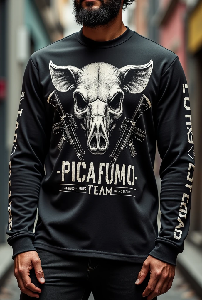 CREATE A LONG SLEEVE MILITARY TEMPLATE SHIRT WITH A PIG SKULL LOGO WITH 556 RIFLES WRITTEN ON IT "PICA FUMO TEAM "





