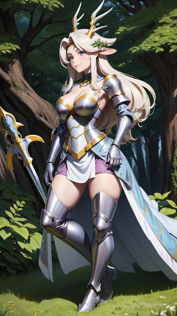 anime girl with sword and armor in a fantasy setting, armor girl, detailed key anime art, covered in full silver armor, high detailed official artwork, with sleek silver armor, cushart krenz key art feminine, sliver ice color reflected armor, from arknights, full portrait of magical knight, trending on artstation pixiv, silver armor, glossy white armor , horn shor hair, bikini , on green grass , near lake in the middle of jungle , smile, looking down , breast , evil smile , holding slave chain , standing , steping on slave ,